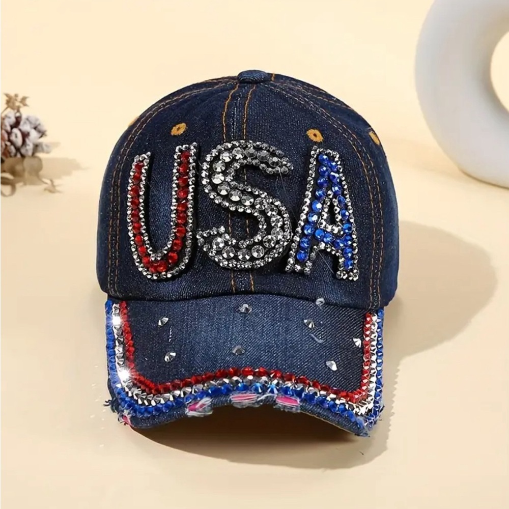 Retro "USA" Letter Rhinestone Denim Cap